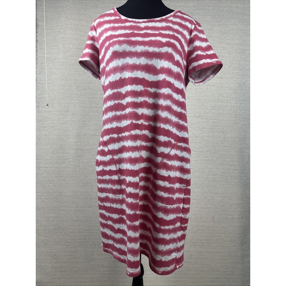 T by Talbots Pink Stripe Tie Dye Knit Dress Medium Pockets Casual Cotton Stretch